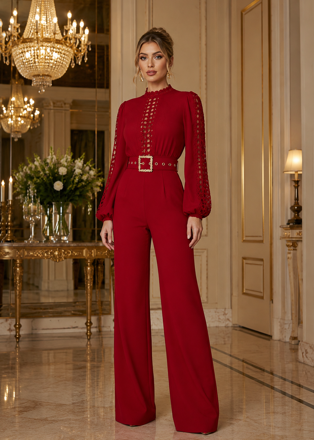 Rosaura Red Crochet Lace Jumpsuit with elegant long sleeves, crochet lace details, waist belt and wide-leg silhouette for luxury occasions. 