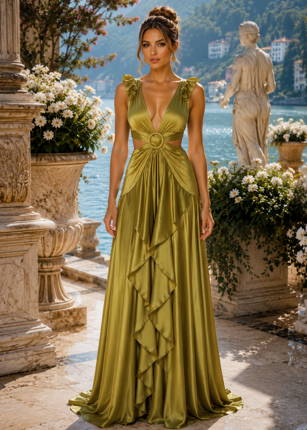 
Woman wearing the Santorini Olive Green Satin Cutout Maxi Dress featuring a sleeveless ruffle design, elegant waist cutouts and luxurious satin fabric.