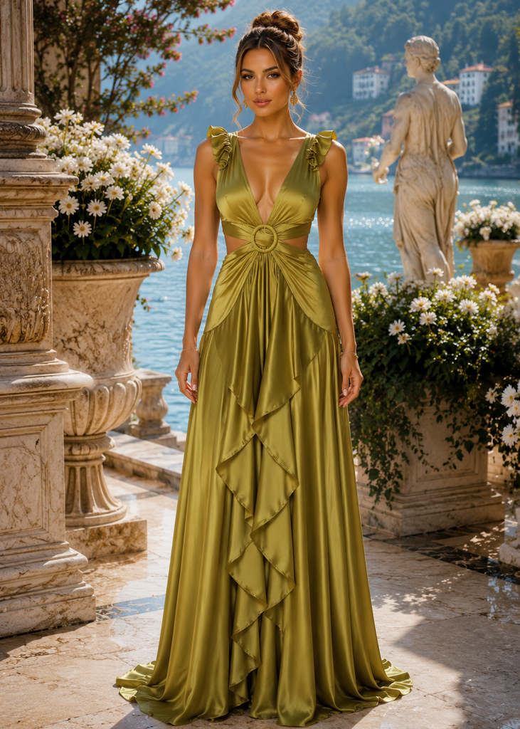 Santorini Olive Green Satin Cutout Maxi Dress – Luxury Sleeveless Evening Dress
