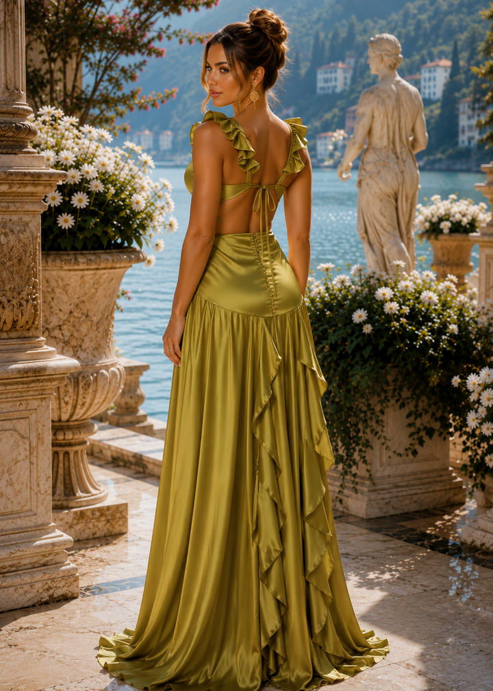 Luxury olive green satin sleeveless maxi dress with cutout waist and flowing silhouette photographed in an elegant outdoor setting.
