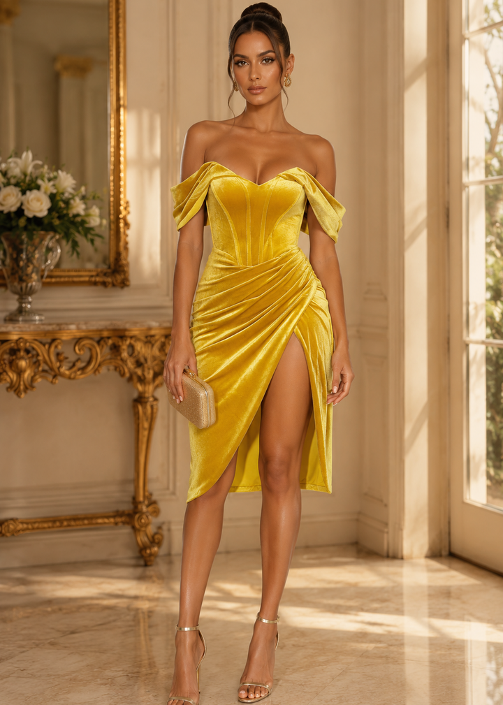 Elegant woman wearing the Sasha yellow velvet off shoulder cocktail dress with a structured corset bodice and draped skirt for cocktail parties, weddings, and luxury evening events.