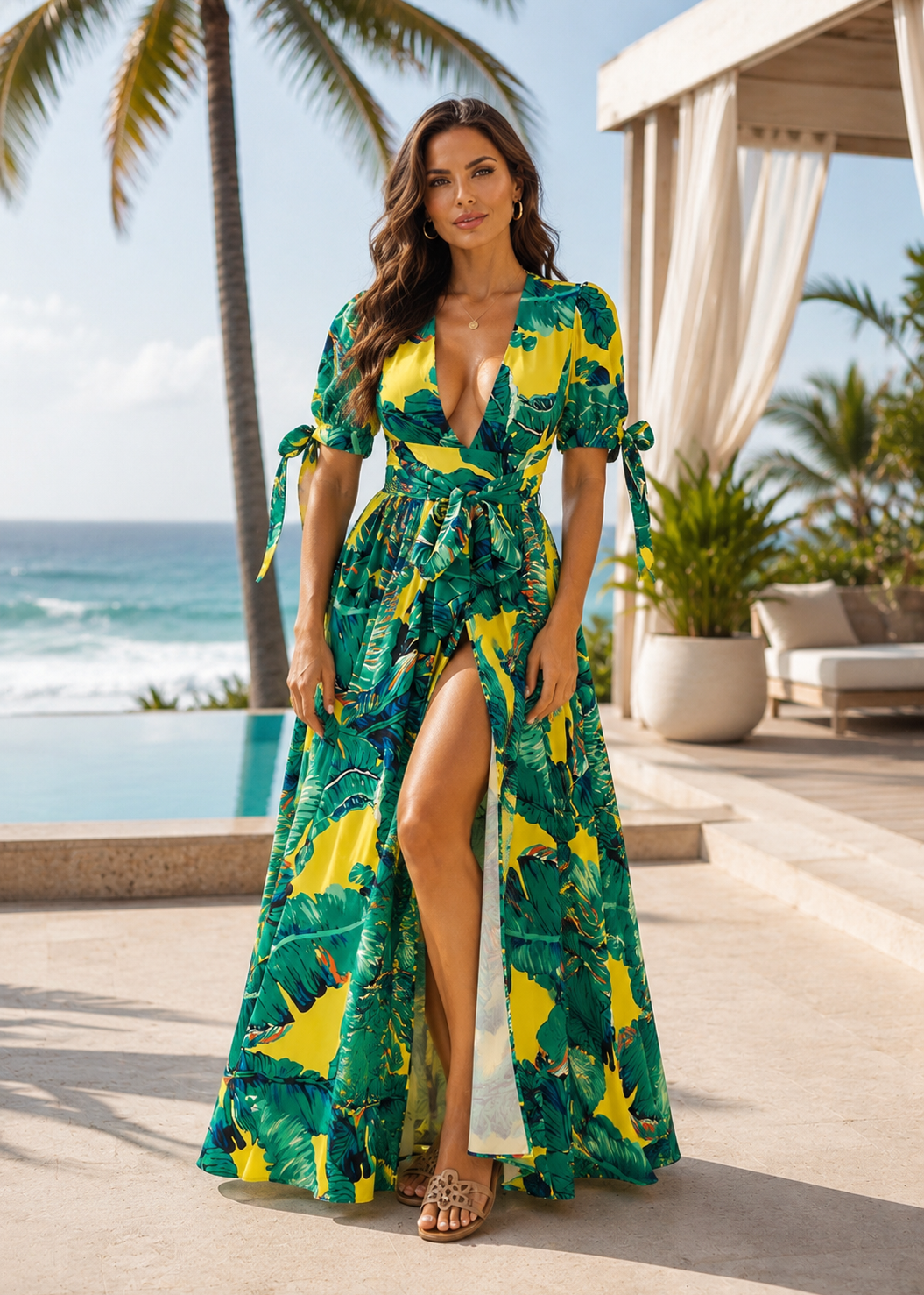 Front view of a woman wearing the Venice Beach tropical print maxi dress with a plunging V-neck, front slit, and waist tie at a luxury beachfront resort.