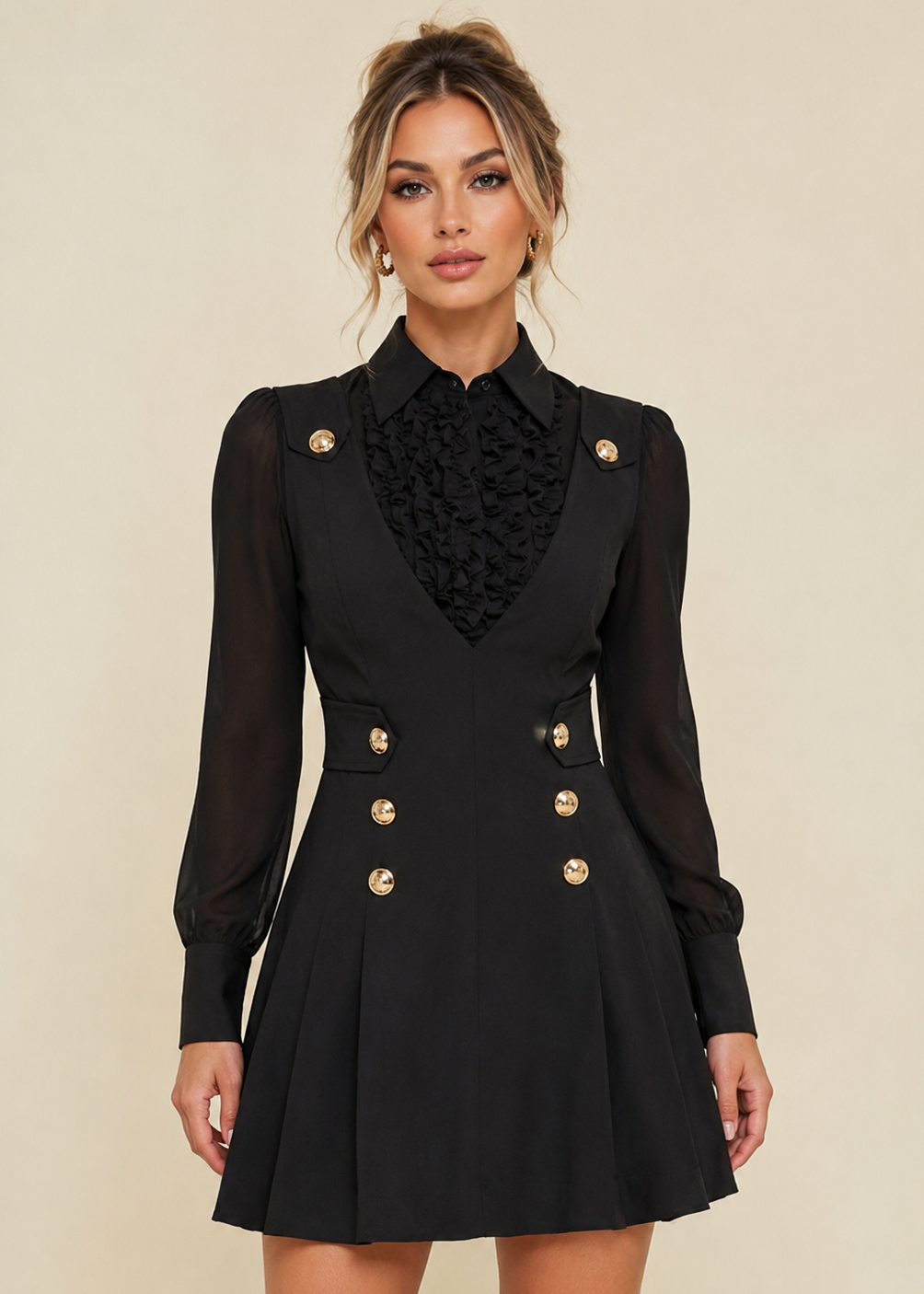 Elegant black two-piece mini dress with a long sleeve ruffle blouse, gold button details, and a flattering fit-and-flare silhouette for business, office, and special occasions.