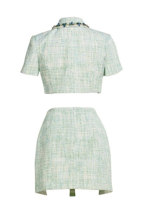 Light blue and white tweed short-sleeved jacket and mini skirt set, featuring floral embroidery, CHANCE FRAÎCHE.