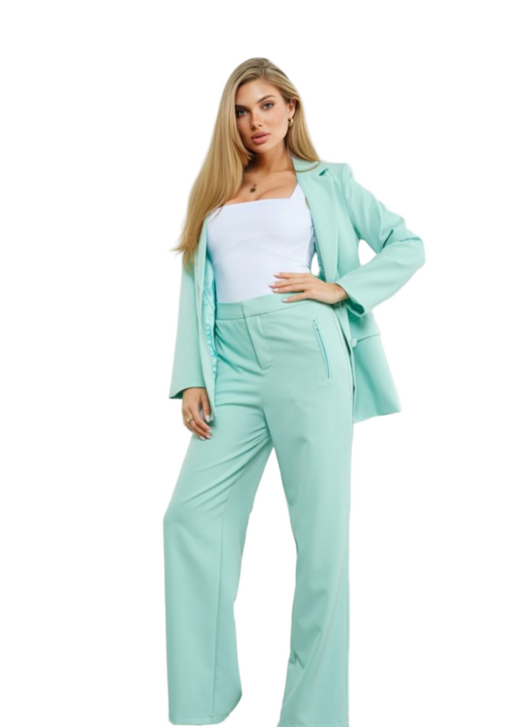 Executive Elegance mint green three-piece suit set with blazer, trousers, and blouse for professional women.