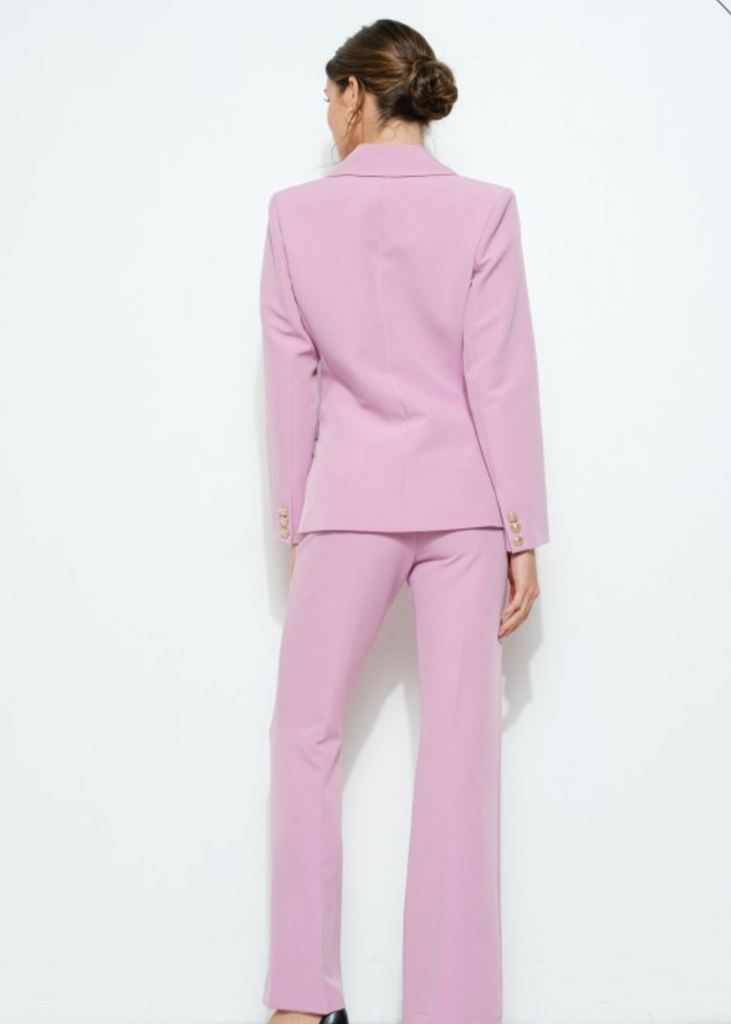 Executive Elegance tailored pink Boss Babe suit set with gold button details for modern women