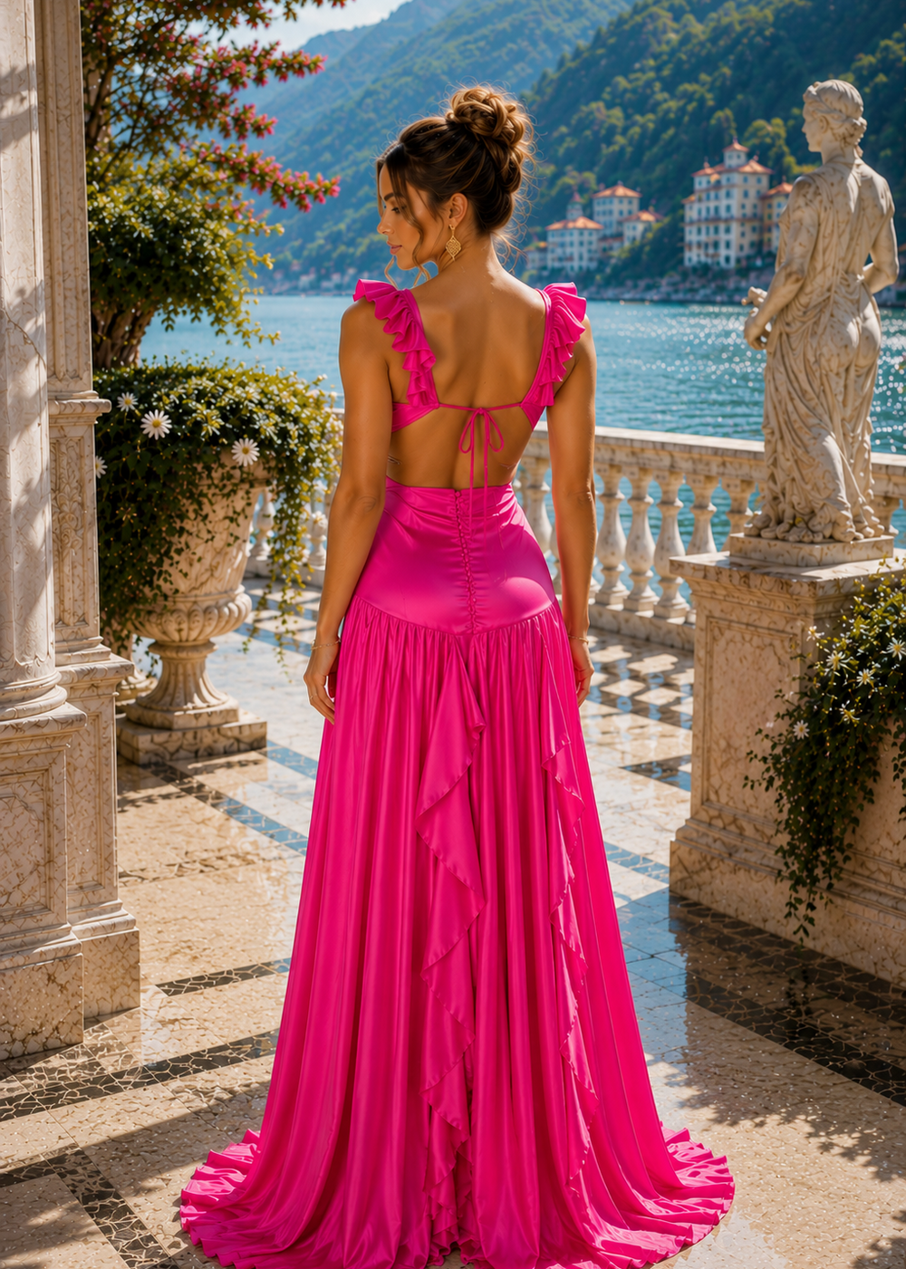 
Elegant fuchsia satin resort maxi dress with coral ruffle shoulders, flowing silhouette and side cutouts, perfect for destination weddings, luxury vacations and special occasions.