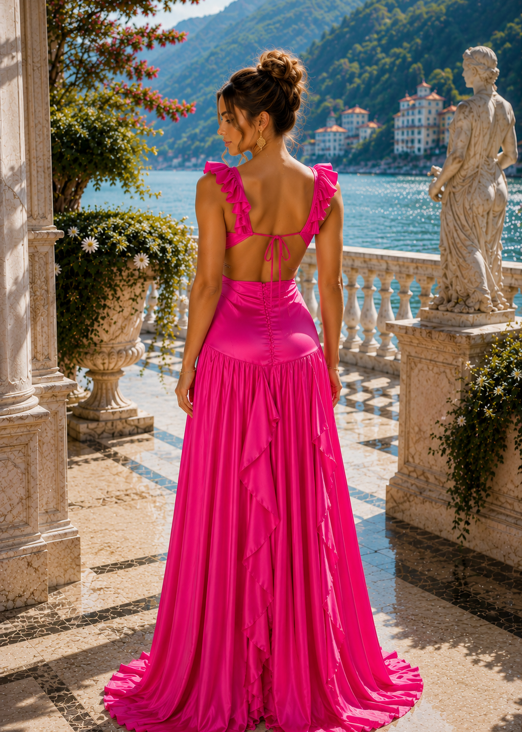 
Elegant fuchsia satin resort maxi dress with coral ruffle shoulders, flowing silhouette and side cutouts, perfect for destination weddings, luxury vacations and special occasions.