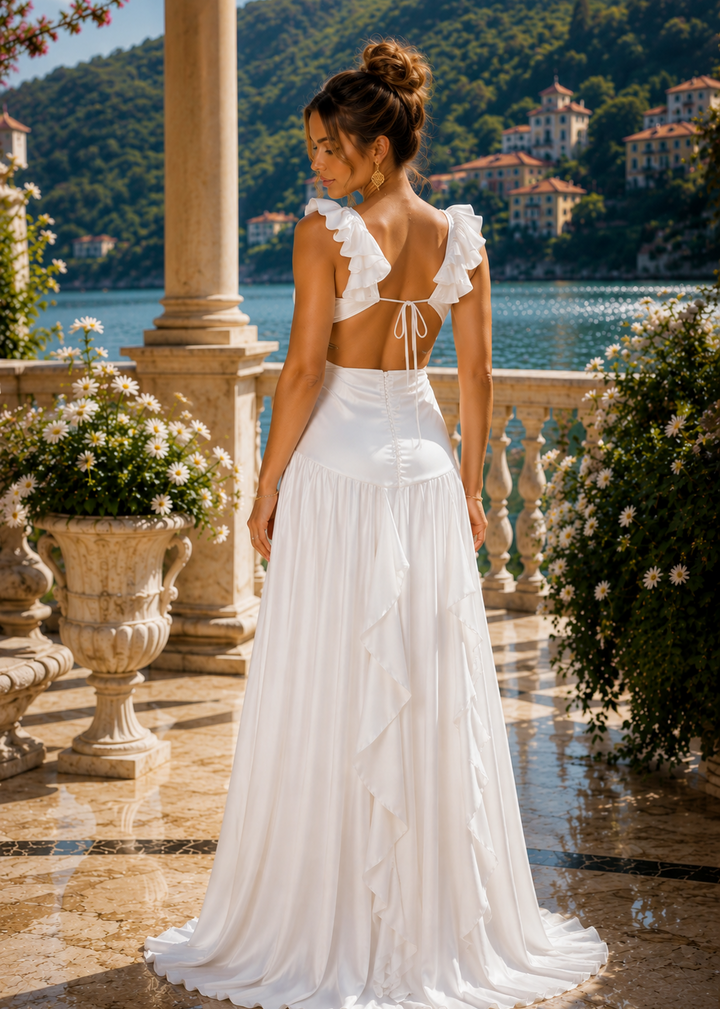 Elegant white satin resort maxi dress with coral ruffle shoulders, deep V neckline and flowing silhouette, perfect for destination weddings, bridal events and luxury vacations.