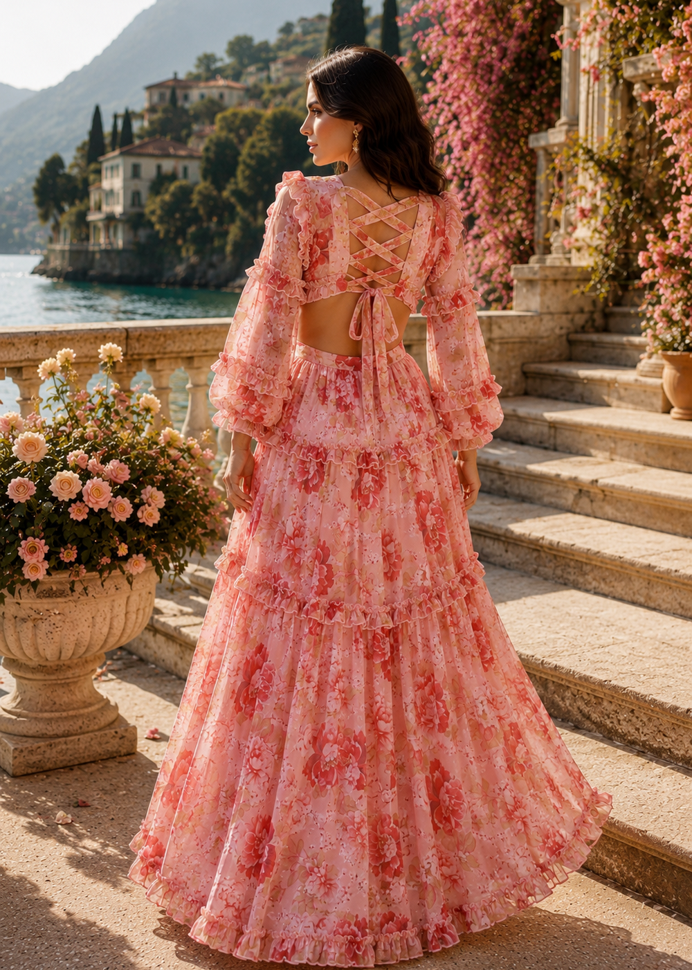 Elegant pink floral resort maxi dress with lace-up back, feminine ruffles, sheer long sleeves and romantic flowing silhouette for destination weddings and luxury occasions.