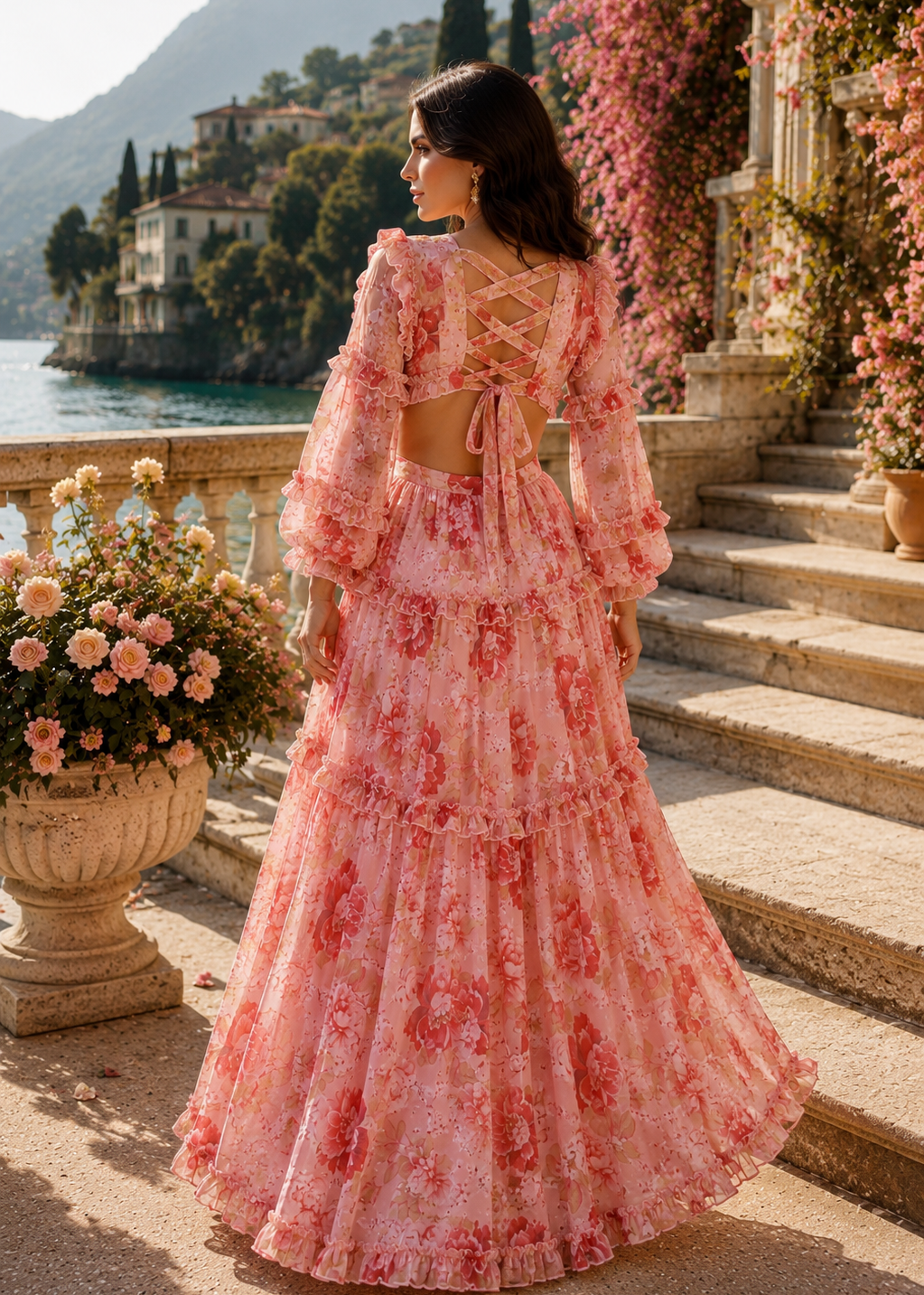 Elegant pink floral resort maxi dress with lace-up back, feminine ruffles, sheer long sleeves and romantic flowing silhouette for destination weddings and luxury occasions.