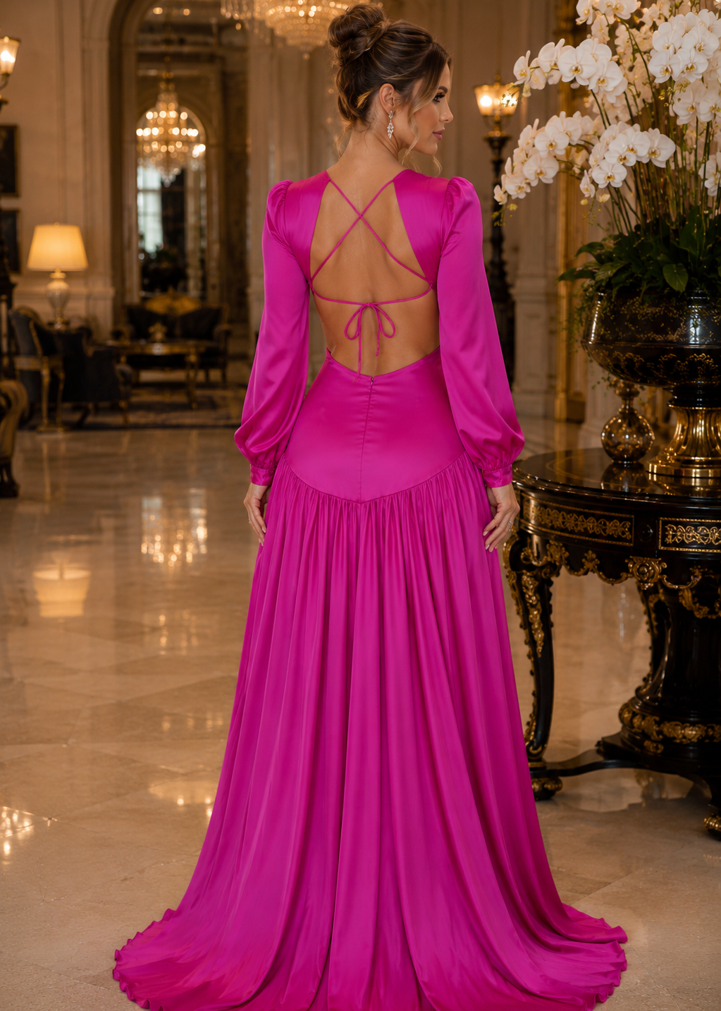Back view of the Mykonos Fuchsia Cutout Long Sleeve Satin Maxi Dress featuring an open back, long sleeves, luxurious satin fabric, and elegant.