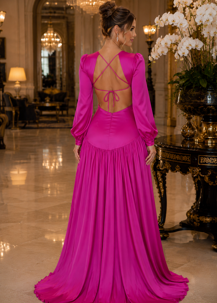 FUCHSIA CUT OUT Maxi Dress with Long Sleeves