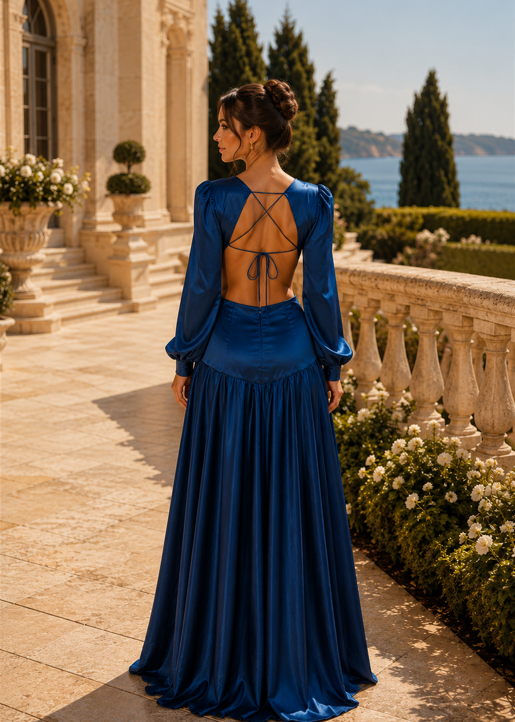 Back view of the Mykonos Sapphire Blue satin cut out maxi dress featuring an open back, long sleeves, and flowing silhouette at a luxury Mediterranean estate.
