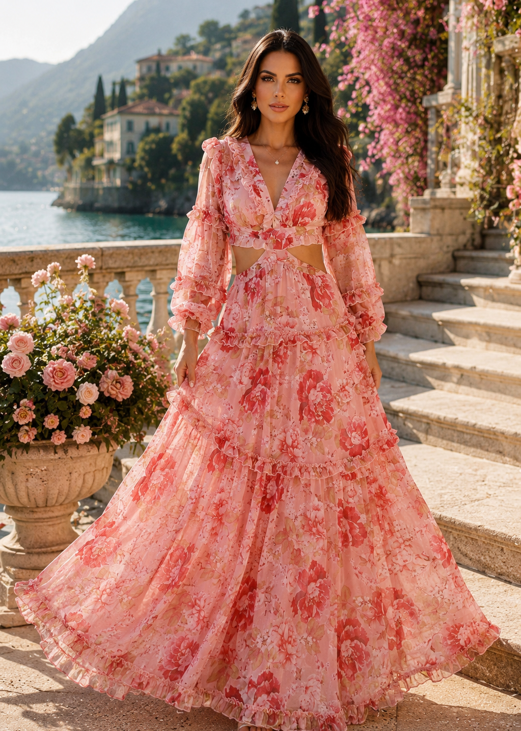 Luxury pink floral chiffon maxi dress featuring elegant waist cutouts, romantic ruffle details, sheer sleeves and a flowing tiered silhouette for weddings, resort vacations and garden parties.