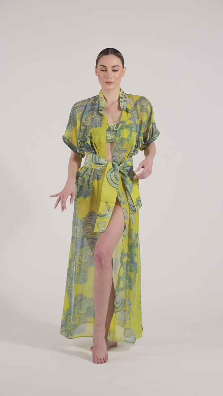 Monaco Kimono – Sheer Maxi Cover-Up in Yellow &amp; Blue Print | Luxury Resortwear 2026
