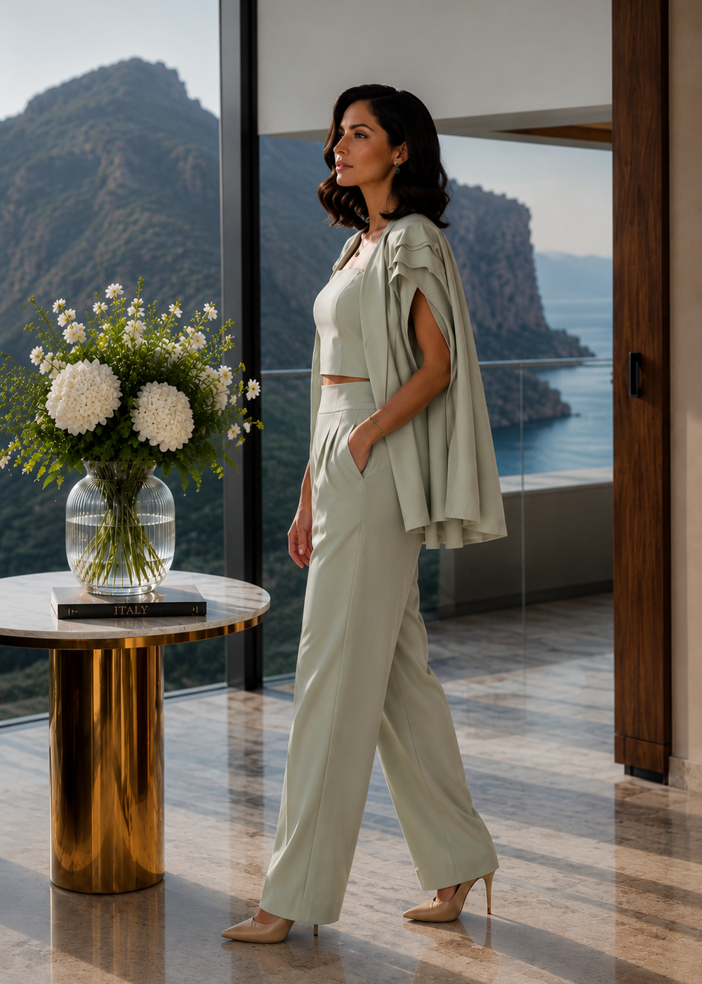 Elegant sage green matching three-piece set for women with a structured crop top, tailored ankle-length pants, and coordinating blazer.