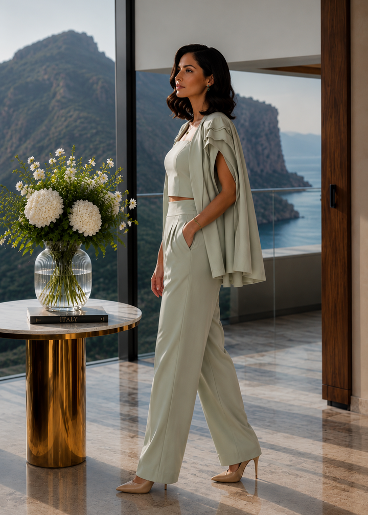 Elegant sage green matching three-piece set for women with a structured crop top, tailored ankle-length pants, and coordinating blazer.