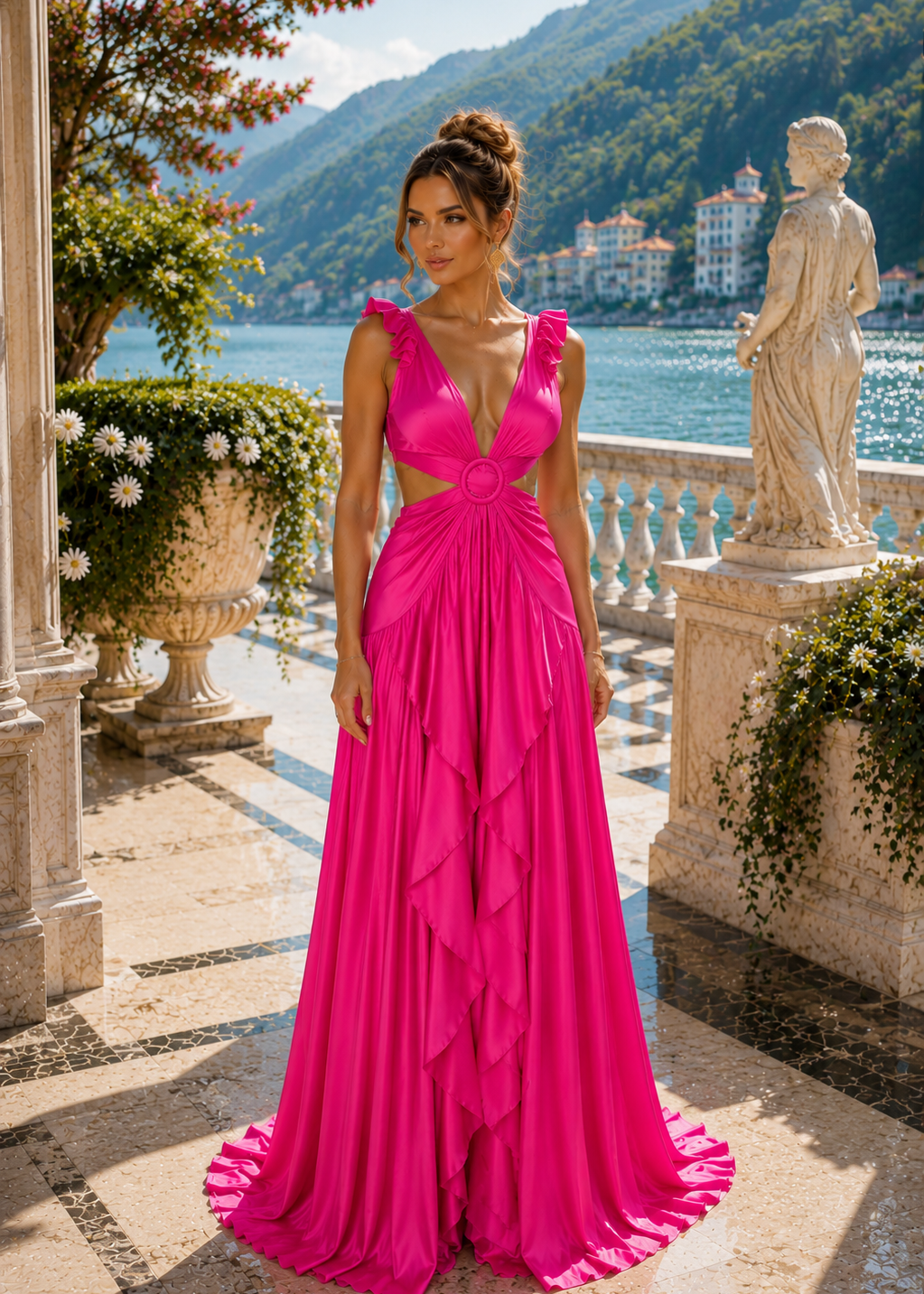 Model wearing the Santorini Fuchsia Coral Satin Maxi Dress featuring coral ruffle shoulders, elegant side cutouts, deep V neckline and luxurious flowing satin silhouette.