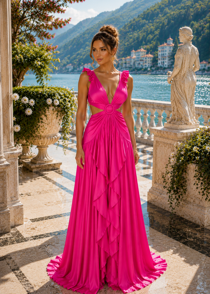 Model wearing the Santorini Fuchsia Coral Satin Maxi Dress featuring coral ruffle shoulders, elegant side cutouts, deep V neckline and luxurious flowing satin silhouette.