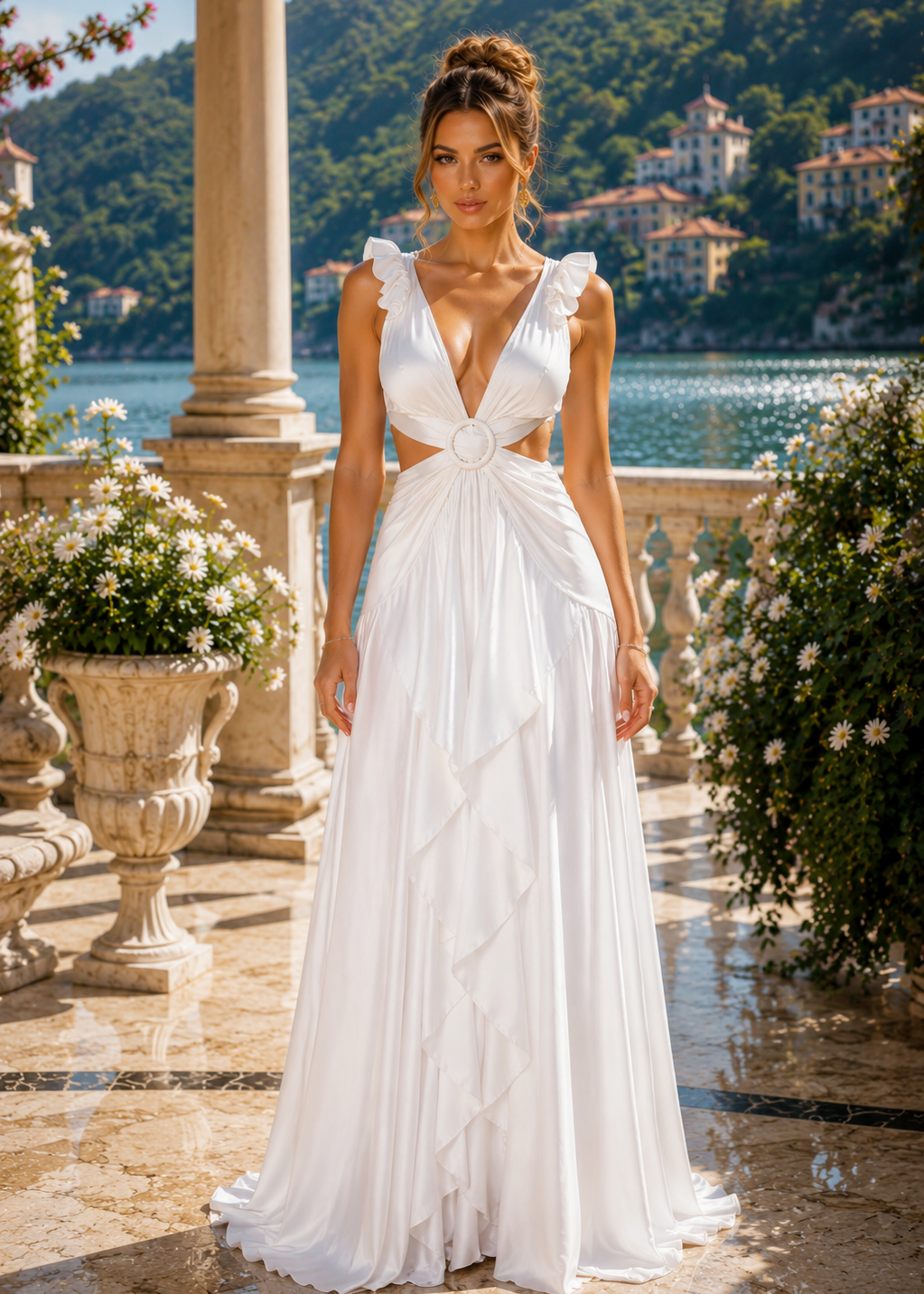 Model wearing the Santorini White Satin Coral Maxi Dress featuring elegant ruffle shoulders, satin fabric, side cutouts and a flowing luxury maxi silhouette.