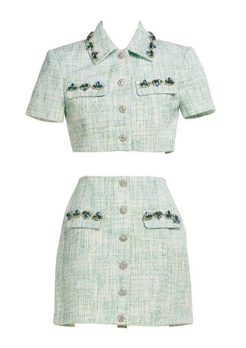 Light blue and white tweed button-down jacket and mini skirt set with floral embroidery, CHANCE FRAÎCHE.