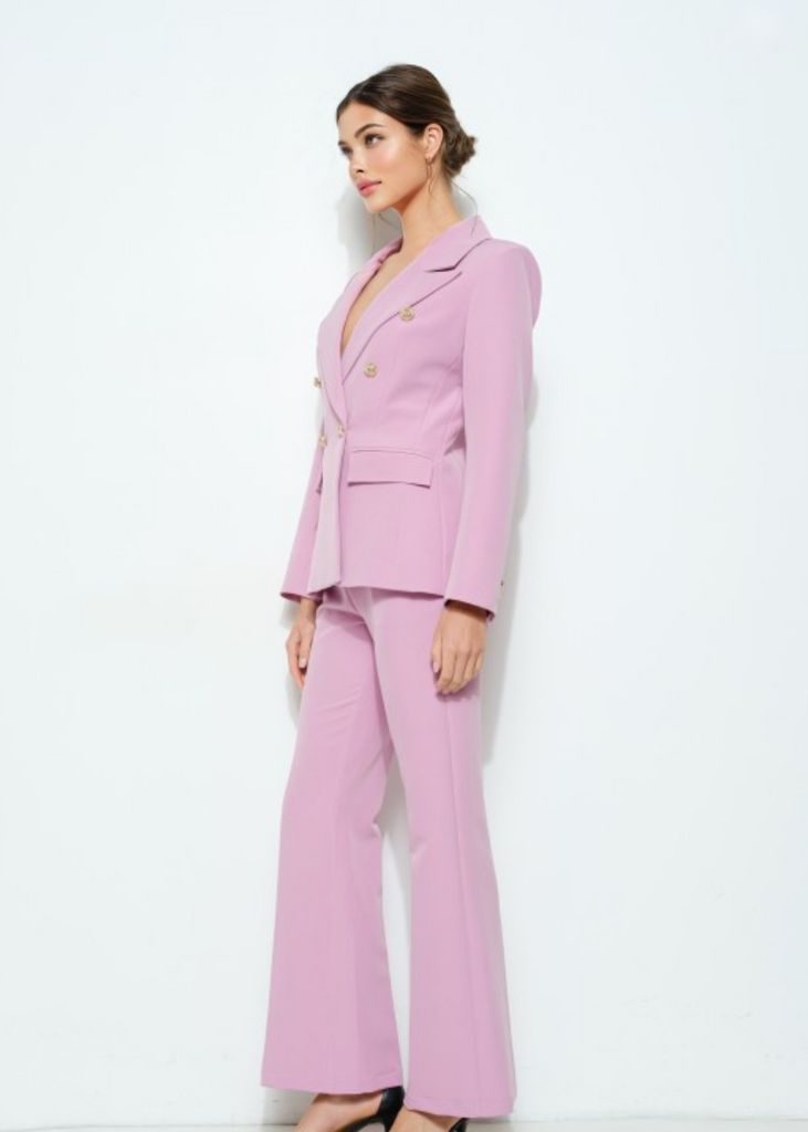 “Women’s tailored pink pantsuit with gold button blazer, trousers, and blouse included
