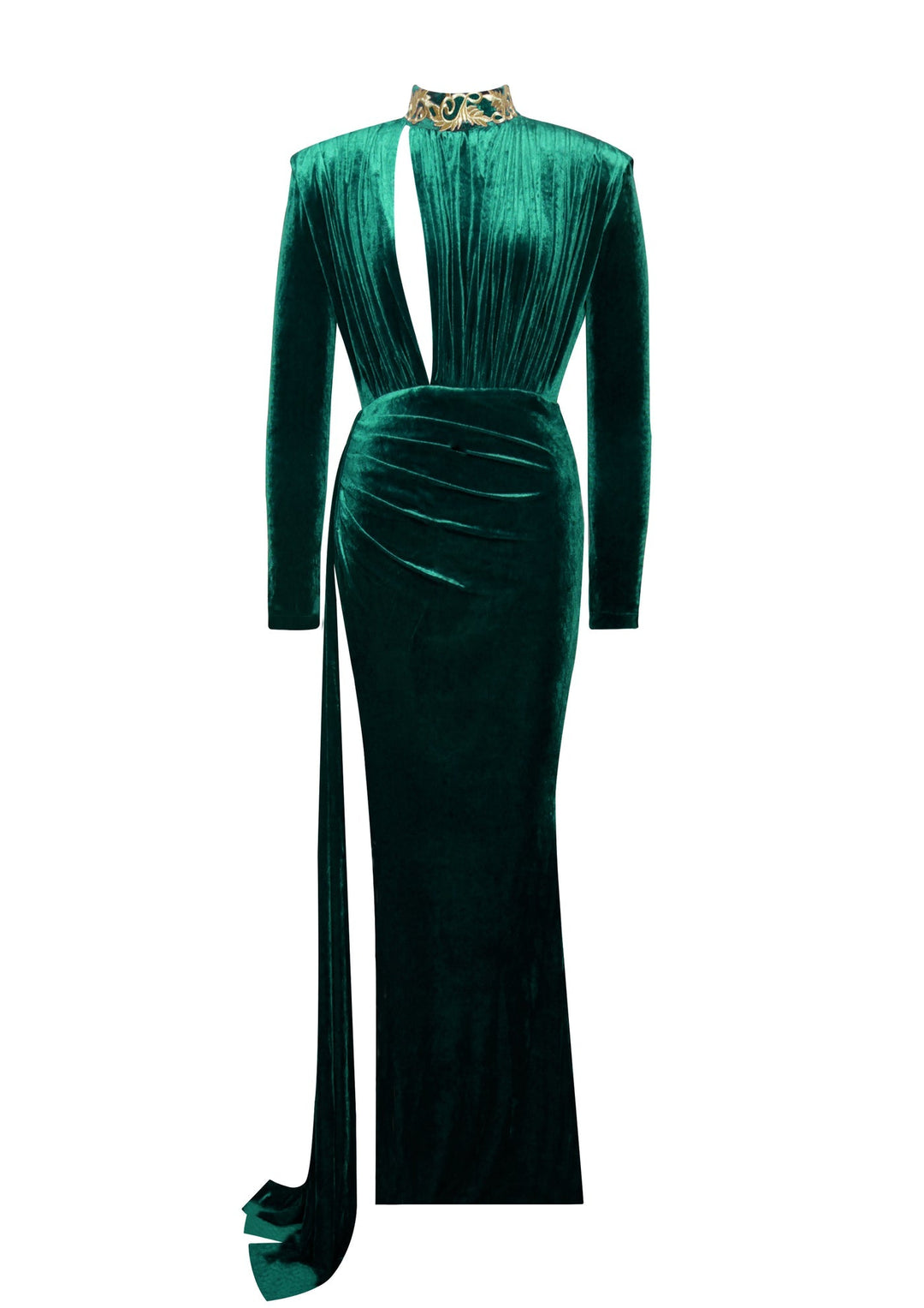Emerald green long sleeve velvet gown with teardrop cut-out and thigh-high slit.
