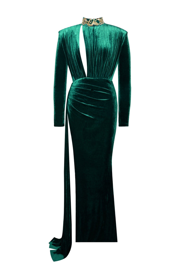 Emerald green long sleeve velvet gown with teardrop cut-out and thigh-high slit.