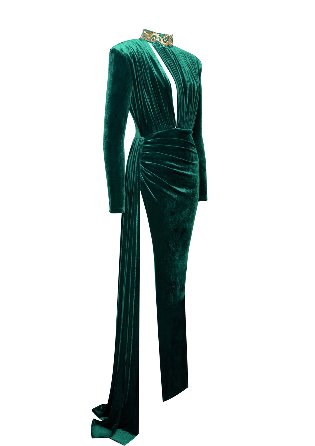 Emerald green velvet gown with long sleeves, teardrop cut-out, and thigh-high slit.