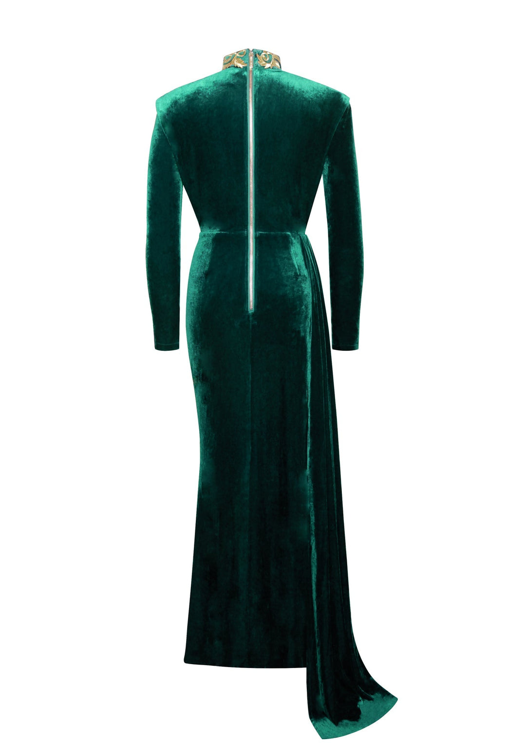 Emerald green velvet gown with long sleeves and floor-length sash.