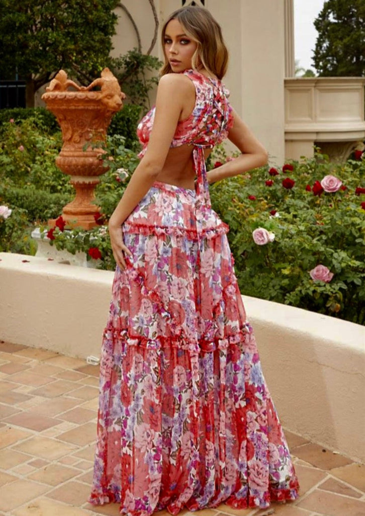 Floral Chiffon Maxi Dress - Elegant Floral Cut Out Design L / US 10-12 Floral Chiffon Maxi Dress - Elegant Floral Cut Out Design L / US 10-12