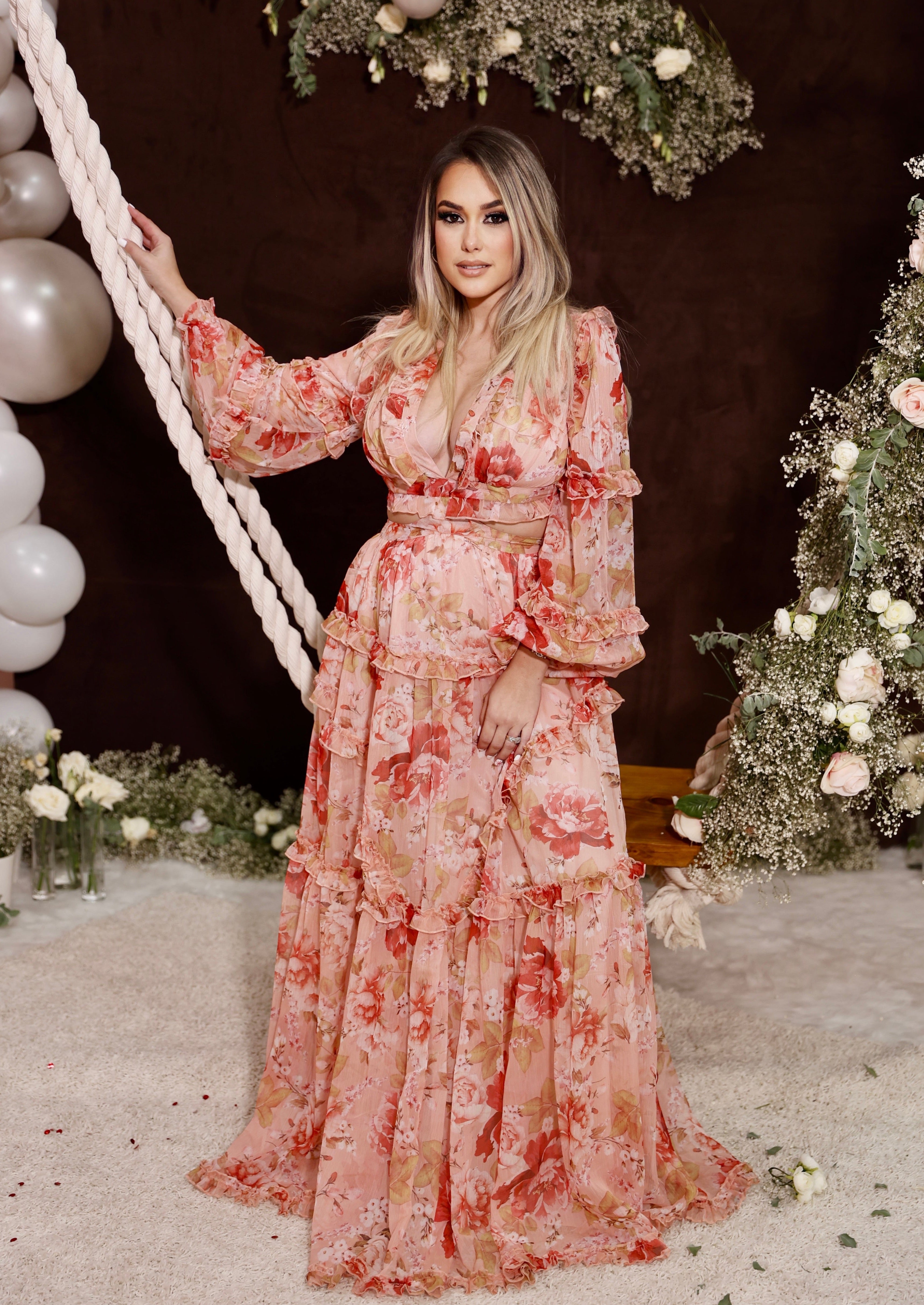 Nancy Floral Chiffon Cut Out Long Sleeve Maxi Dress L / US 10-12