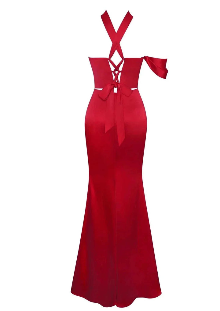 Ariane red halter neck double duchess satin gown, non-stretch, 55 inches long.