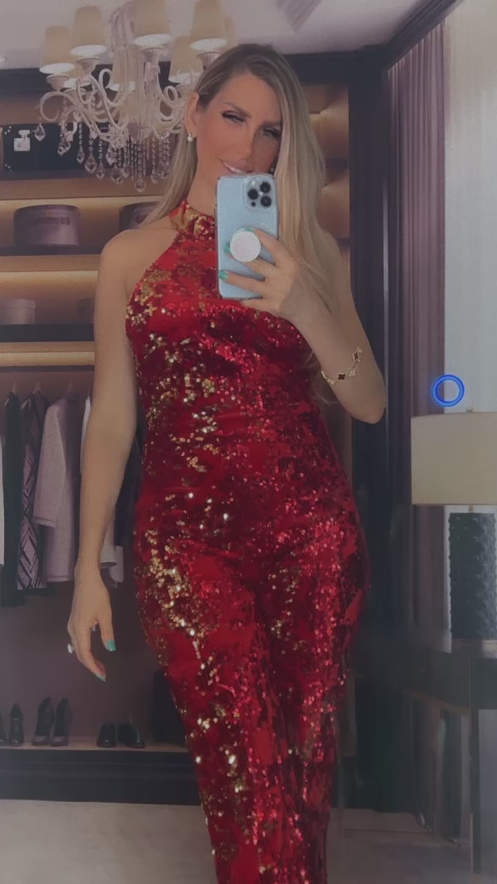 MARIAH Red Velvet Sequin Halter Jumpsuit – Luxury Gold &amp; Red Sparkling Evening Outfit for Holiday Parties &amp; Special Events