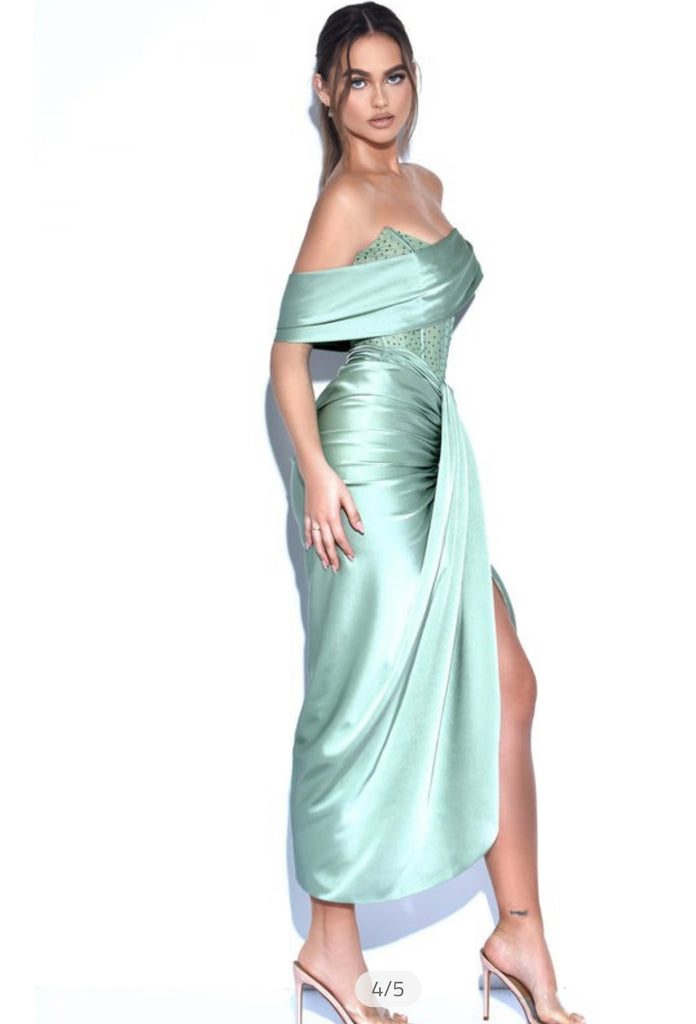 "EMILY" BASIL OFF SHOULDERS CRYSTAL SATIN GOWN