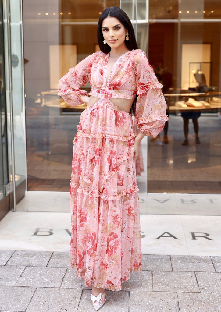 Nancy Floral Chiffon Cut Out Long Sleeve Maxi Dress L / US 10-12 Nancy Floral Chiffon Cut Out Long Sleeve Maxi Dress L / US 10-12