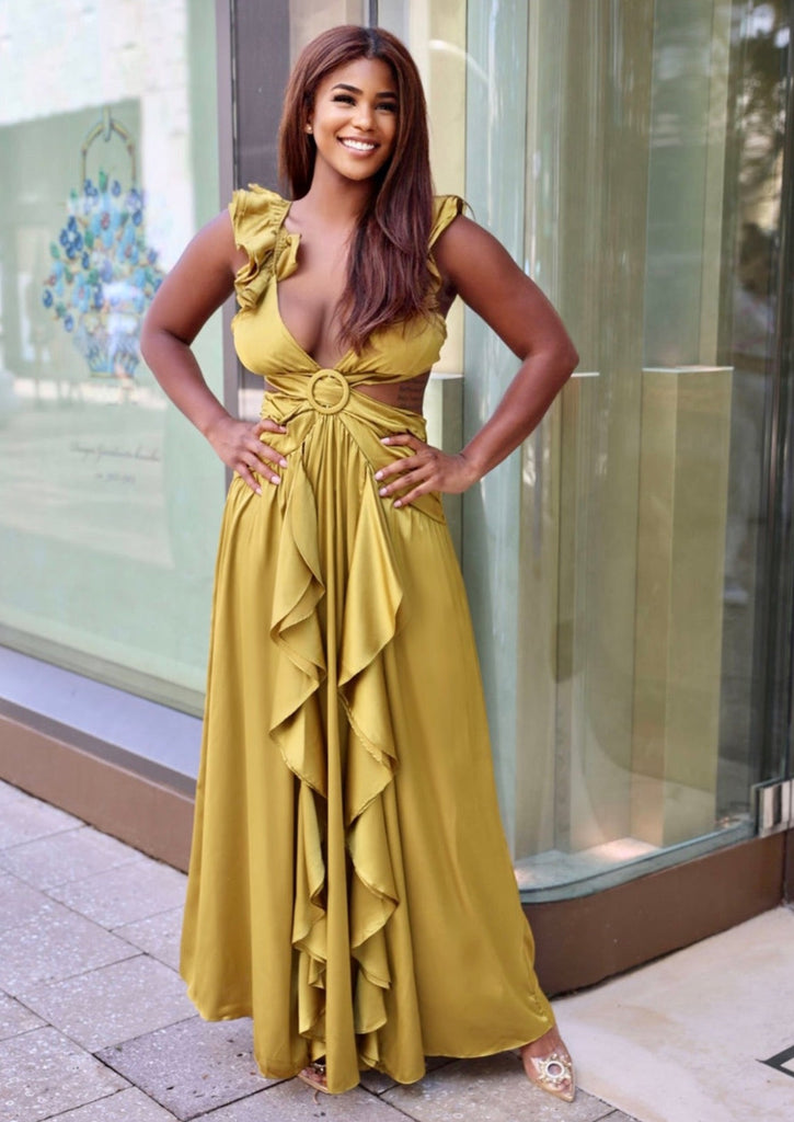GREEN OLIVE Satin Maxi Dress with Cut Out Details GREEN OLIVE Satin Maxi Dress with Cut Out Details