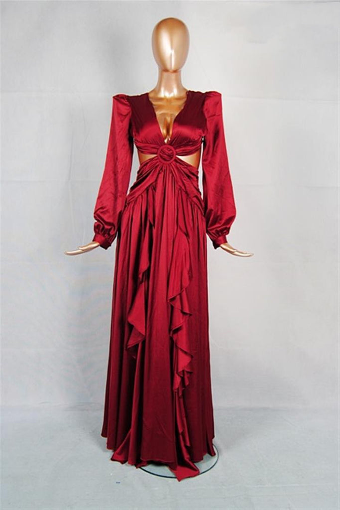 "MYKONOS" RED RUBY CUT OUT LONG SLEEVE MAXY DRESS