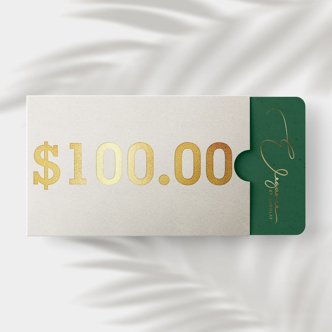 $100 Elegance by Marislay Gift Card, stylishly designed in gold and green.