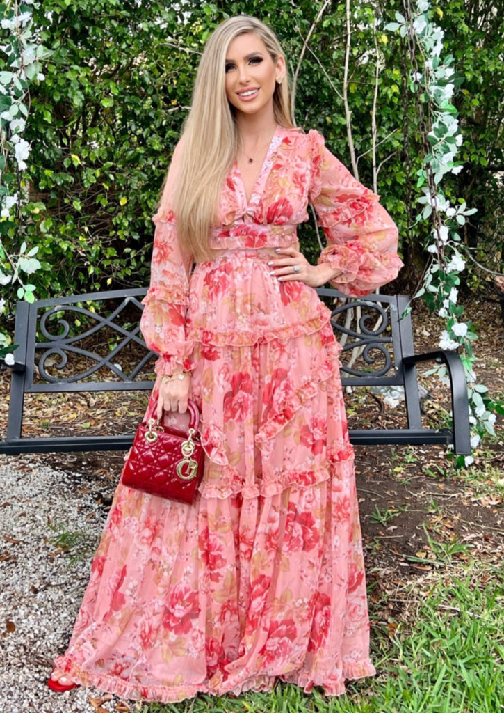 Nancy Floral Chiffon Cut Out Long Sleeve Maxi Dress L / US 10-12 Nancy Floral Chiffon Cut Out Long Sleeve Maxi Dress L / US 10-12