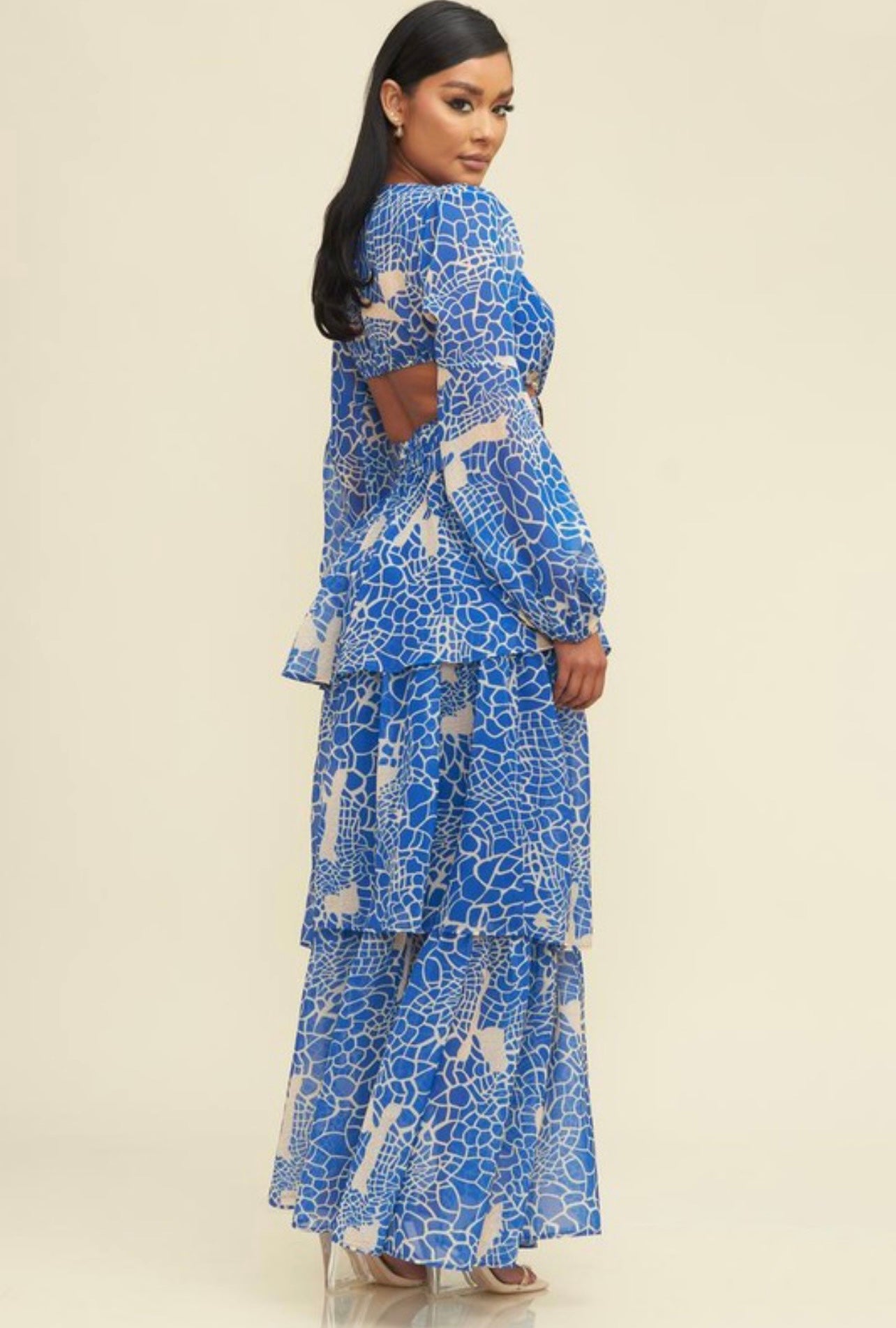 Blue Long Sleeve Maxi Dress with Cut Out & Ruffles M / US 6-8 Blue Long Sleeve Maxi Dress with Cut Out & Ruffles M / US 6-8