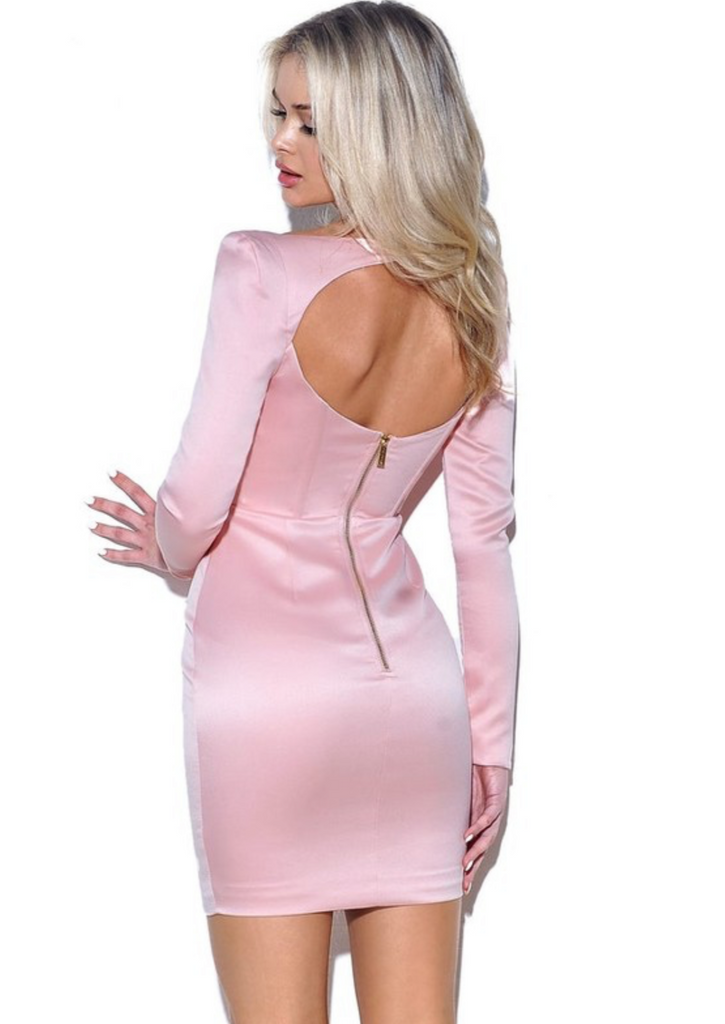 PINK SATIN Dress - Long Sleeve Mini Dress by ROCIO L / US 10-12 PINK SATIN Dress - Long Sleeve Mini Dress by ROCIO L / US 10-12