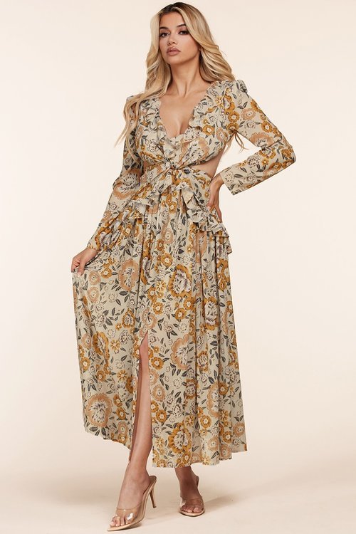 Fall Flower Print Cutout Long Sleeve Maxi Dress