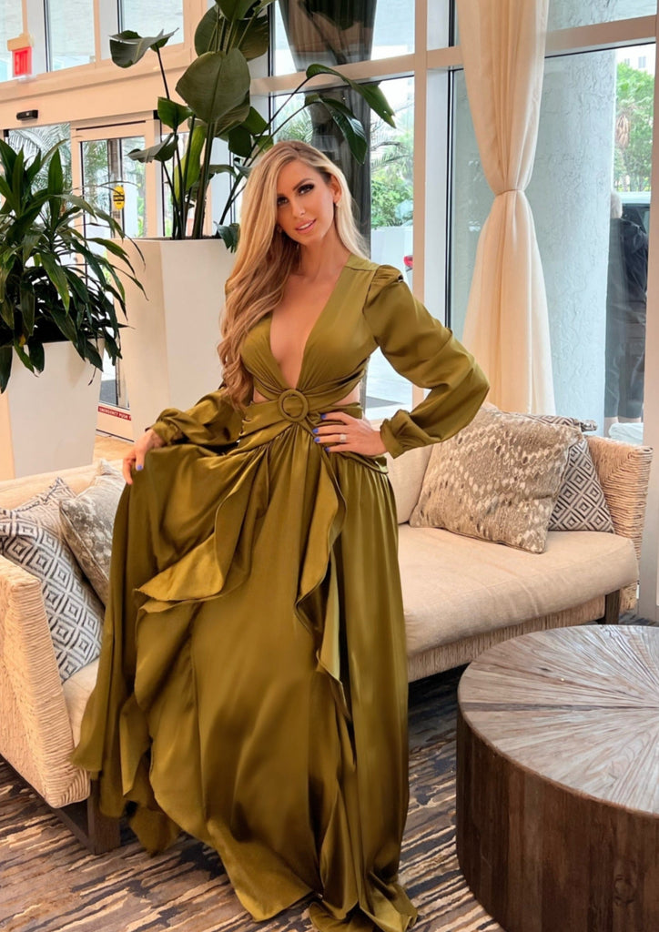 Green Olive Cut Out Long Sleeve Maxi Dress - Mykonos L / US 10-12 Green Olive Cut Out Long Sleeve Maxi Dress - Mykonos L / US 10-12