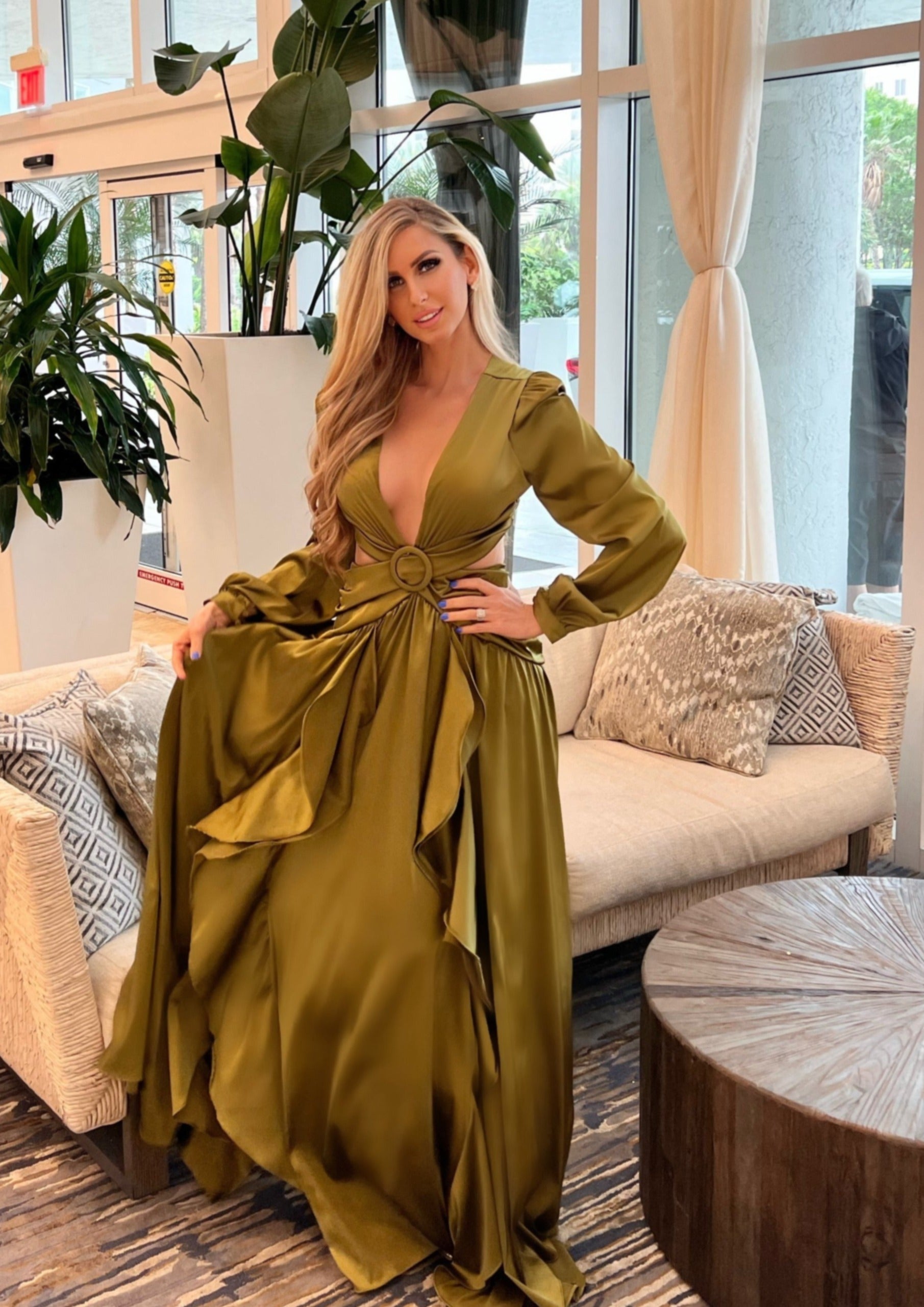 GREEN OLIVE Cut Out Long Sleeve Maxi Dress - MYKONOS L / US 10-12 GREEN OLIVE Cut Out Long Sleeve Maxi Dress - MYKONOS L / US 10-12