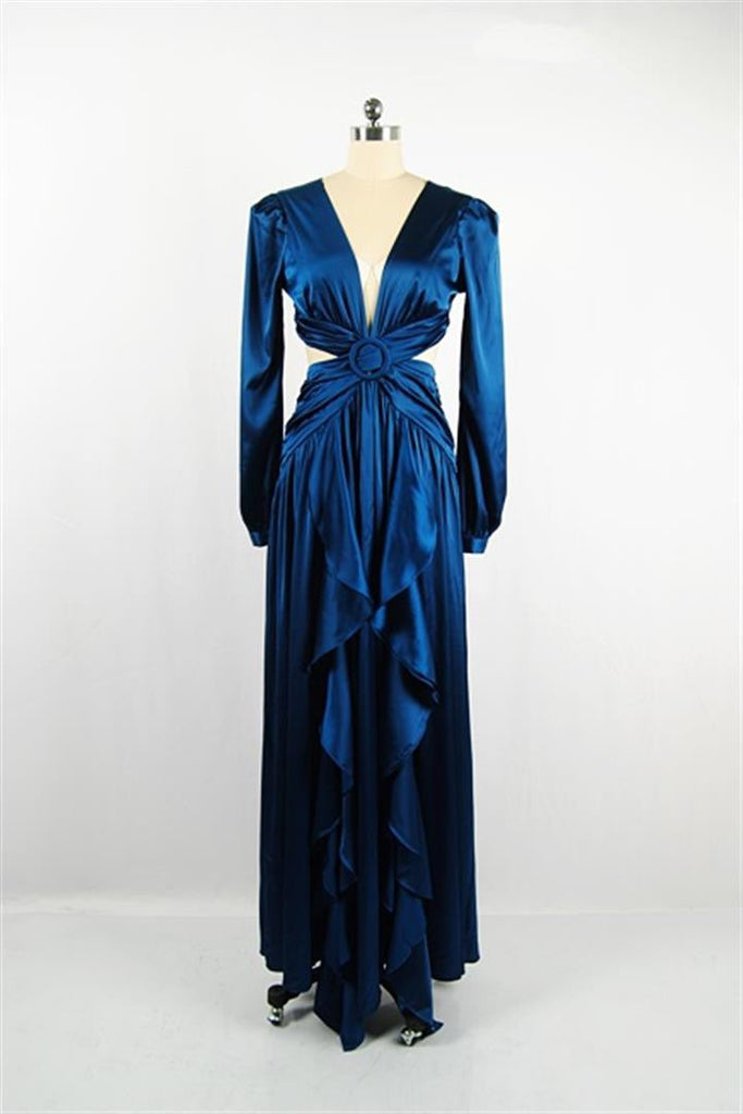 BLUE SAPPHIRE Satin Maxi Dress with Cut Out Long Sleeves BLUE SAPPHIRE Satin Maxi Dress with Cut Out Long Sleeves