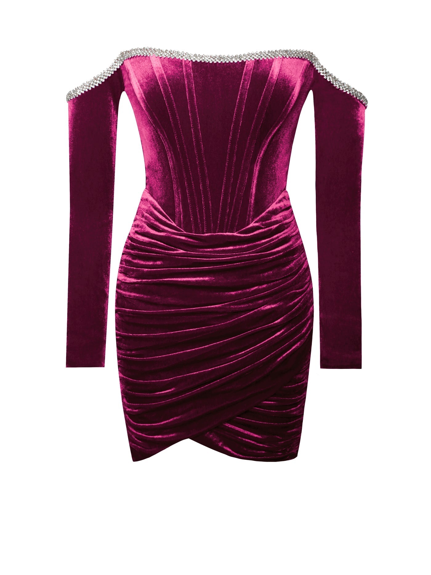 Burgundy Velvet Off Shoulder Mini Dress with Crystal Trim L / US 10-12