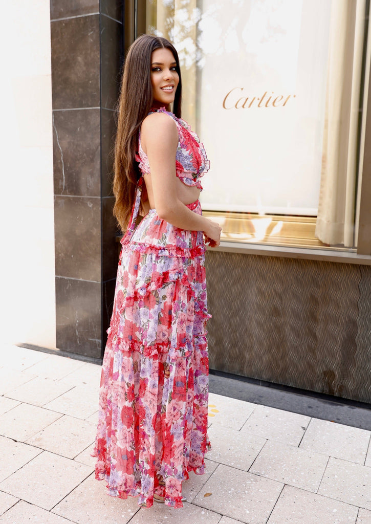Floral Chiffon Maxi Dress - Elegant Floral Cut Out Design L / US 10-12 Floral Chiffon Maxi Dress - Elegant Floral Cut Out Design L / US 10-12
