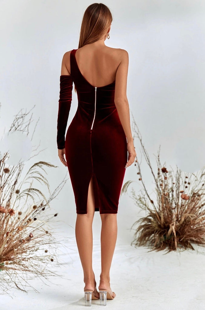 Wine Red Velvet Bodycon One Shoulder Dress - Elegant Style M / US 6-8 Wine Red Velvet Bodycon One Shoulder Dress - Elegant Style M / US 6-8